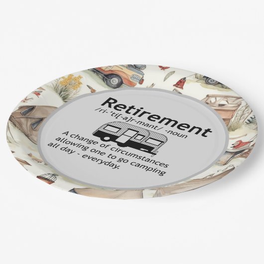 Definition für "Funny Camping Retirement" Pappteller (Schrägansicht)