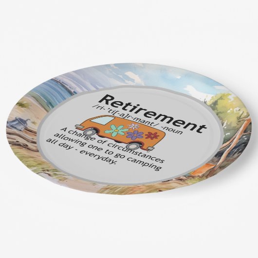 Definition für "Funny Camping Retirement" Pappteller (Schrägansicht)