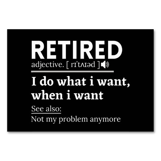 Definition im Ruhestand, komischer Ruhestand, Rent Tischnummer (Vorderseite)