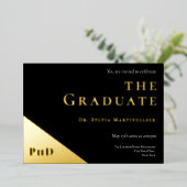 Degree Gold Black PhD Graduation Party Folieneinladung (Stehend vorne)