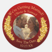 Dein Foto, Datum speichern, goldene Blumen Kastani Runder Aufkleber (Vorderseite)