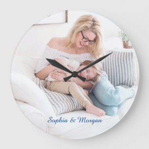 Dein Foto & Name(n) in blauer Schrift Große Wanduhr