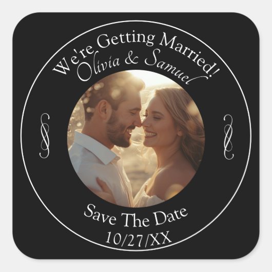 Dein Foto, Save The Date, Schwarz-Weiß-Unendlichke Quadratischer Aufkleber (Vorderseite)