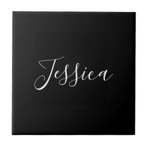 Dein Name Elegante weiße Schrift auf Schwarz Fliese