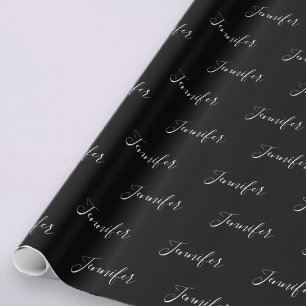 Dein Name Elegante weiße Schrift auf Schwarz Geschenkpapier
