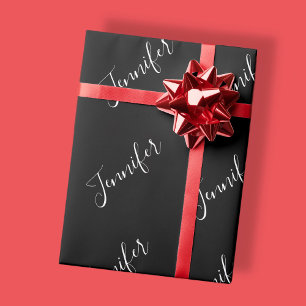 Dein Name Elegante weiße Schrift auf Schwarz Geschenkpapier