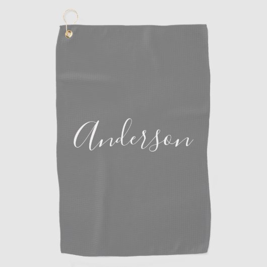 Dein Name | Elegantes weißes Script auf Grau Golfhandtuch (Vorderseite)