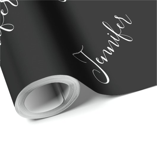 Dein Name | Elegantes weißes Script auf schwarz Geschenkpapier (Rolleneckpunkt)