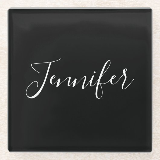 Dein Name | Elegantes weißes Script auf schwarz Glasuntersetzer (Vorderseite)