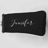 Dein Name | Elegantes weißes Script auf schwarz Golf Headcover (Vorderseite)