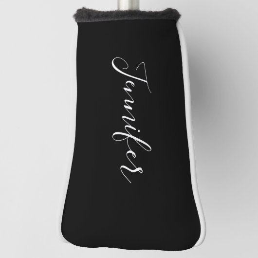 Dein Name | Elegantes weißes Script auf schwarz Golf Headcover (Rotieren 90)