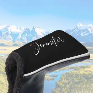 Dein Name   Elegantes weißes Script auf schwarz Golf Headcover