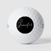 Dein Name | Elegantes weißes Script auf schwarz Golfball (Vorderseite)