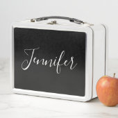 Dein Name | Elegantes weißes Script auf schwarz Metall Brotdose (Beispiel)