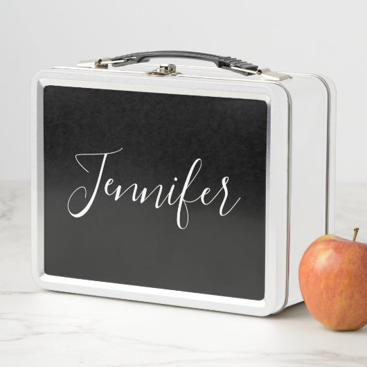 Dein Name | Elegantes weißes Script auf schwarz Metall Brotdose (Beispiel)