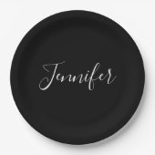 Dein Name | Elegantes weißes Script auf schwarz Pappteller (Vorderseite)