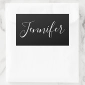 Dein Name | Elegantes weißes Script auf schwarz Rechteckiger Aufkleber (Tasche)