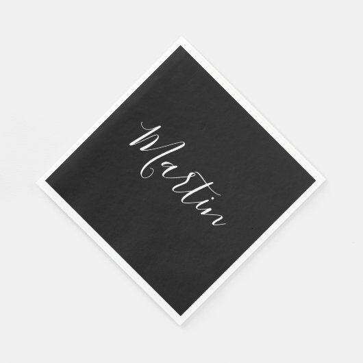 Dein Name | Elegantes weißes Script auf schwarz Serviette (Ecke)