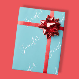 Dein Name | Elegantes weißes Skript auf Robin Egg Geschenkpapier