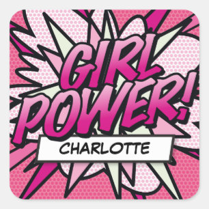 Dein Name GIRL POWER Lustiges Retro-Comic-Book-Pop Quadratischer Aufkleber