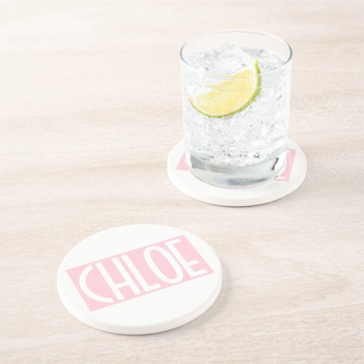 Dein Name | Weißer Text auf hellrosa Getränkeuntersetzer (Seite)