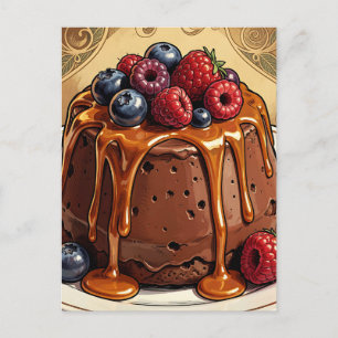 Dekadenter Schokoladen-Karamell-Beeren-Kuchen Postkarte