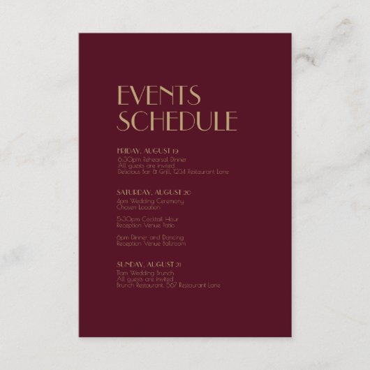 Deko | Burgundy Wedding Zeitplan Begleitkarte (Vorderseite)
