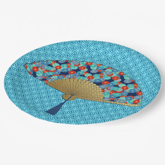 Deko Fan - Blume in Kobalt, Türkis und Rot Pappteller (Schrägansicht)