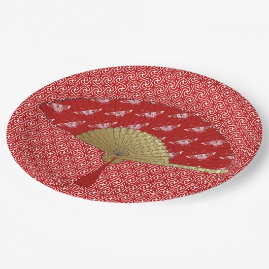 Deko Fan - Schmetterlinge, dunkelrot und weiß Pappteller (Schrägansicht)