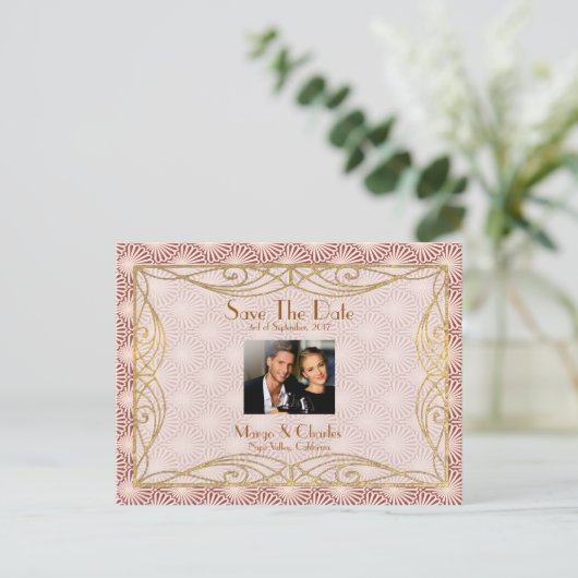 Deko Glam Gold Pink Muschel Save the Date Hochzeit Ankündigungspostkarte (Stehend Vorderseite)