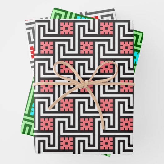 Deko griechischer Schlüssel, rosa, grün, rot und g Geschenkpapier Set (Beispiel)