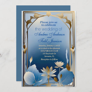 Deko Minimalismus Blau Goldlotus Blume Hochzeit Einladung