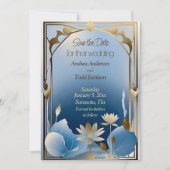 Deko Minimalismus Blaue Goldlotus-Blume Save The Date (Vorderseite)