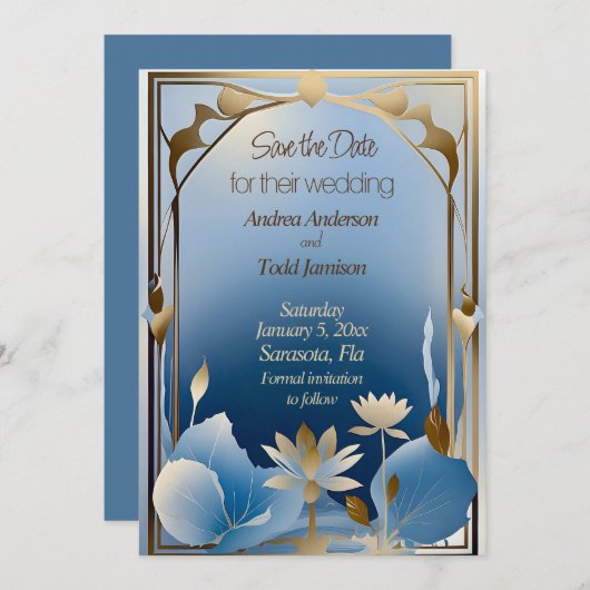 Deko Minimalismus Blaue Goldlotus-Blume Save The Date (Vorne/Hinten)