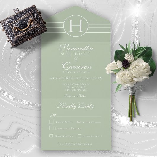 Deko Modern Monogram Sage Green Dinner All In One Einladung
