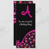 DEKO MONOGRAM BIRTHDAY PARTEI, fuchsienschwarzes S Einladung (Vorne/Hinten)