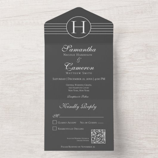 Deko Monogram Modern Charcoal QR Code All In One Einladung (Innen Boden)