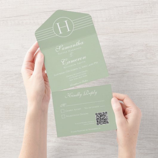 Deko Monogram Modern Sage Green QR All In One Einladung (Abreißen)