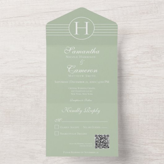 Deko Monogram Modern Sage Green QR All In One Einladung (Innen Boden)