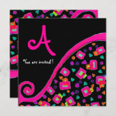 DEKO MONOGRAM, Pink Violet Fuchsia Black Einladung (Vorne/Hinten)