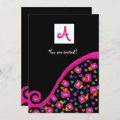 DEKO MONOGRAM, schwarz, rosa violett weiß Einladung (Vorne/Hinten)