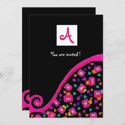 DEKO MONOGRAM, schwarz, rosa violett weiß Einladung (Vorne/Hinten)