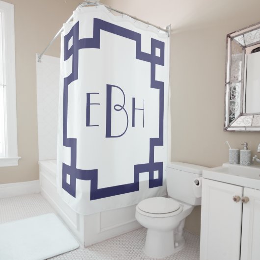 Deko Monogram White Navy Blue griechische Schlüsse Duschvorhang (Beispiel)