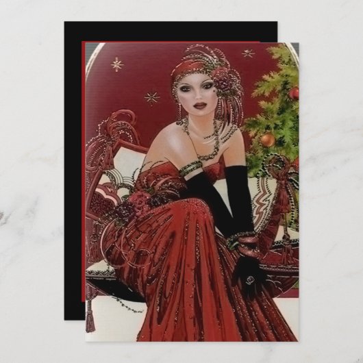 Deko Retro Weihnachtsfrau Einladung (Vorne/Hinten)