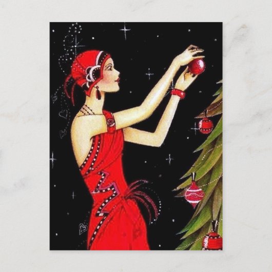 Deko Retro Weihnachtsfrau Feiertagspostkarte (Vorderseite)