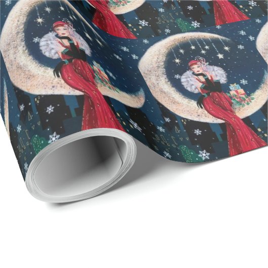 Deko Retro Weihnachtsfrau Geschenkpapier (Rolleneckpunkt)