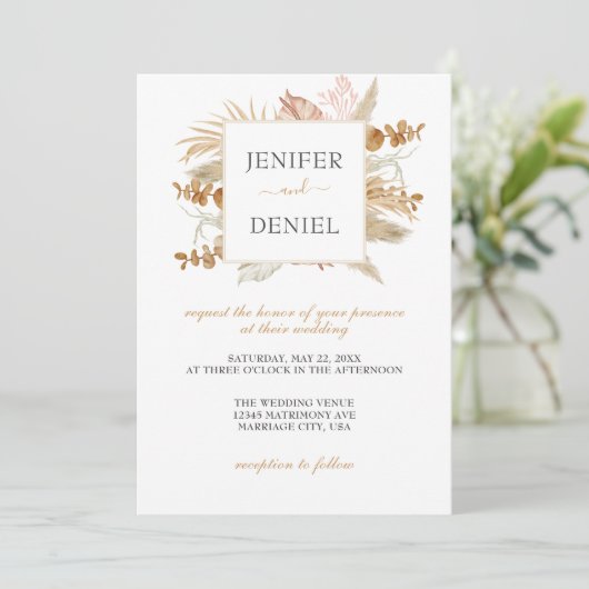 Dekoration der neutralen Palme und Pampas-Blume Ho Einladung (Stehend Vorderseite)