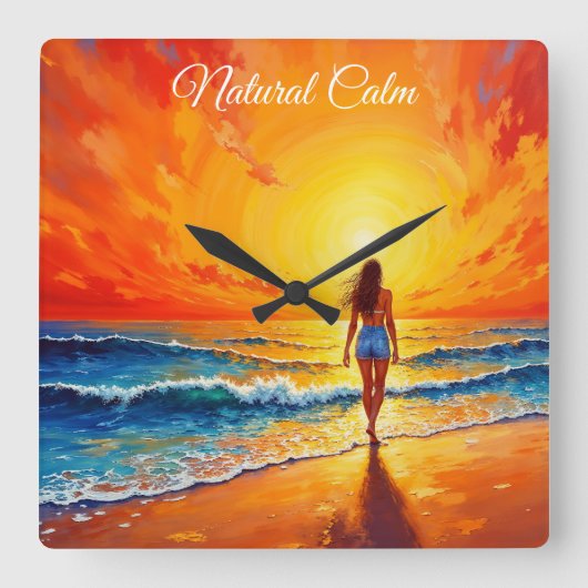 Dekoration des Girl Sunset Beach Quadratische Wanduhr (Vorderseite)