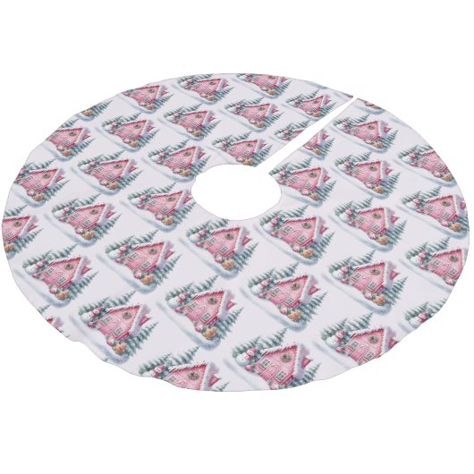 Dekoration des Pink Gingerbread House Polyester Weihnachtsbaumdecke (Schrägansicht)