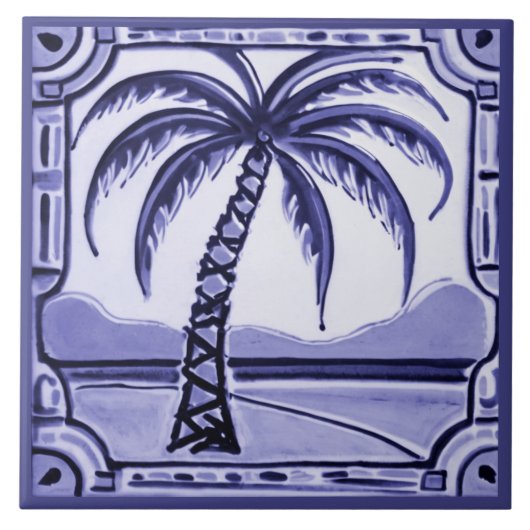 Dekoration des Strandhauses Palm Tree Blau-Weiß Fliese (Vorderseite)